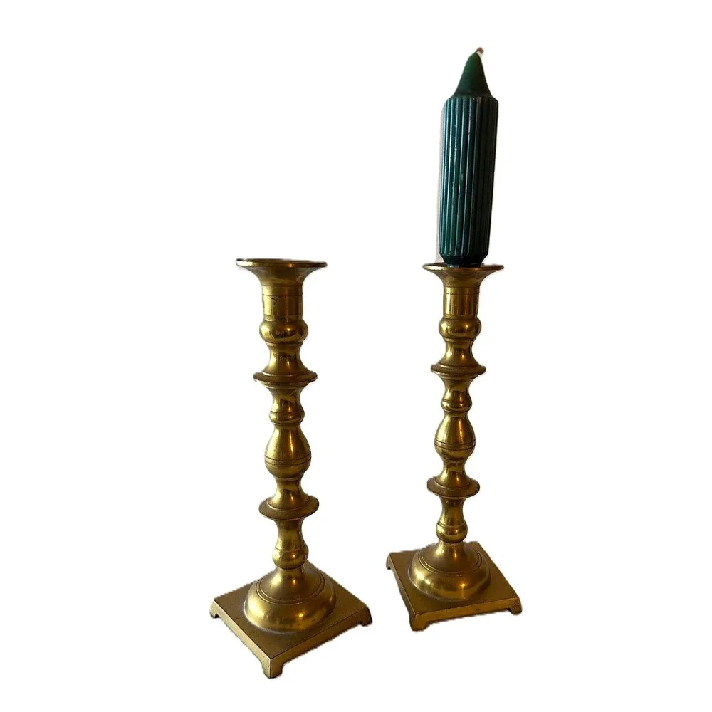 Vintage Candlestick Set Unisex 9.5in Brass Square Base MCM Hollywood Regency
